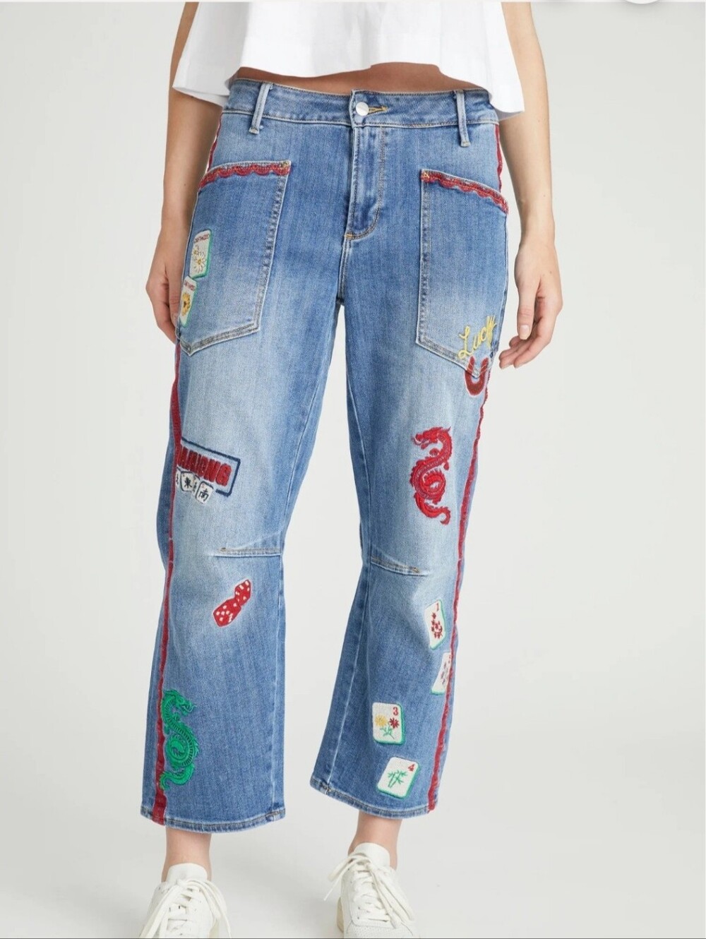 Driftwood Barbara Barrel Mehjean Embroidered Jeans Mahjong Dragons Patchwork 31